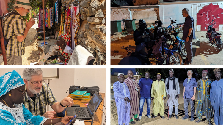 Dan with Ndut people (clockwise from top left: on Gorée island, outside the supermarket, with men in the village, with visiting Ndut translator)