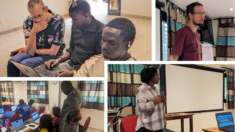 Clockwise from top left: visiting mission partner, SIL Senegal director David, organizer Sophie, visit from DPTLL president François